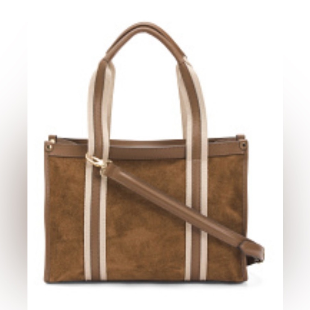 Divina Firenze Luxurious Brown and Cream Suede Tote with Striking Stripes NWOT